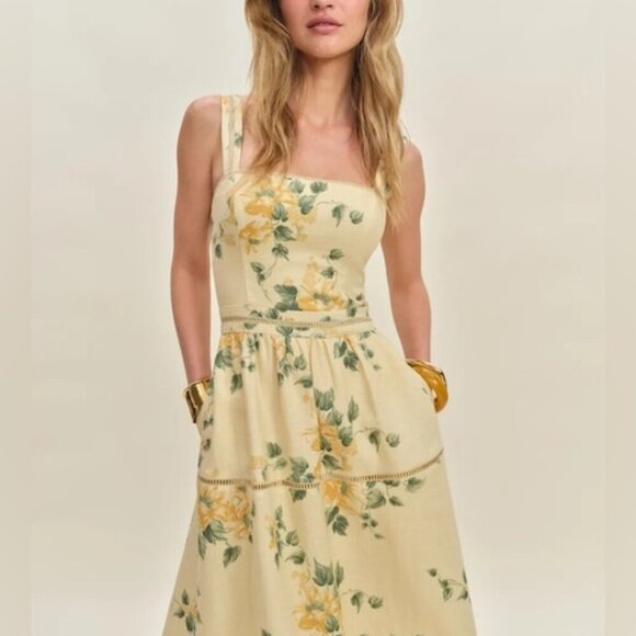 NEW Reformation Everett Linen Midi Dress Radiance Yellow Floral | US 2 UK 6 - Picture 3 of 15